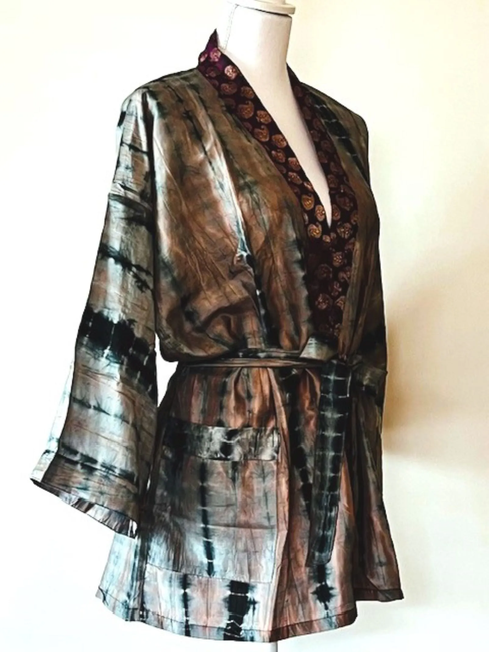 The Accessory In Demand, A Short Silk Kimono Jacket.  A Tie Dye Beauty In Silver.