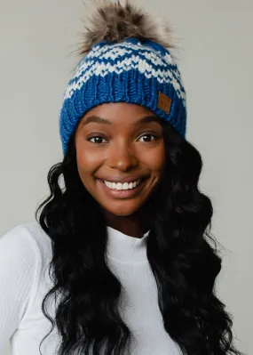 Tod Blue & White Patterned Pom Hat