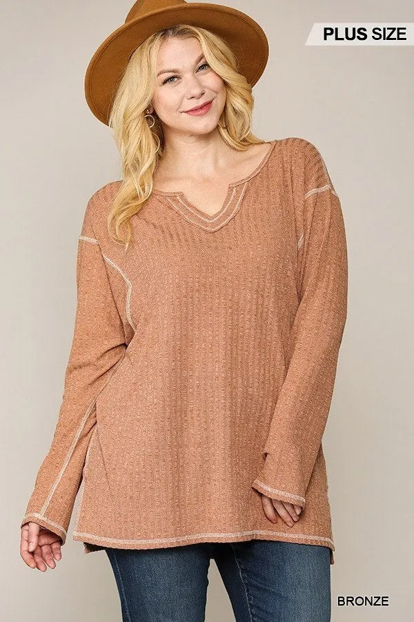 Two-tone Ribbed Tunic Top With Side Slits