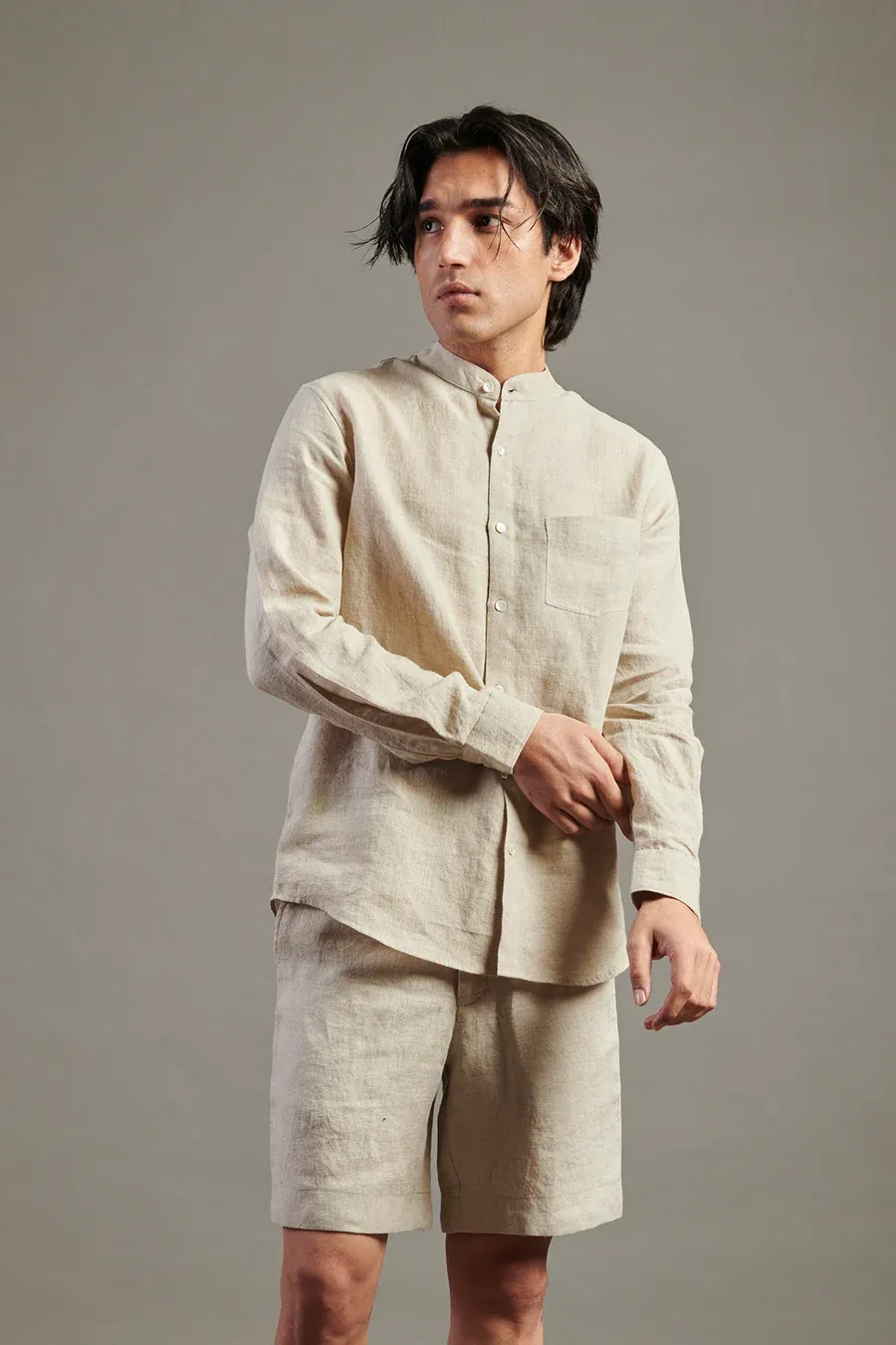 Undyed Linen Band Collar Shirt