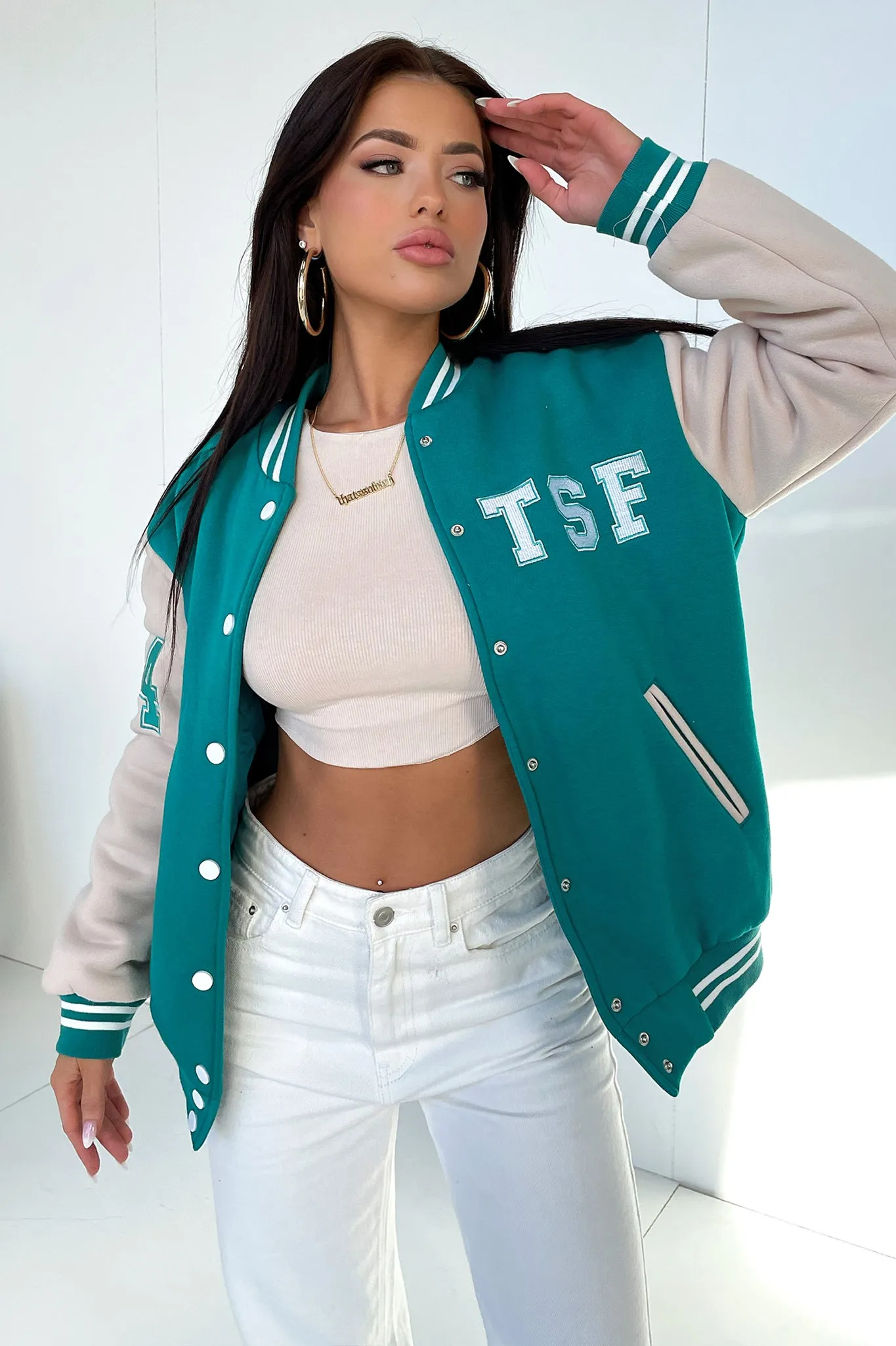 Varsity Oversized Jacket - Teal / Beige