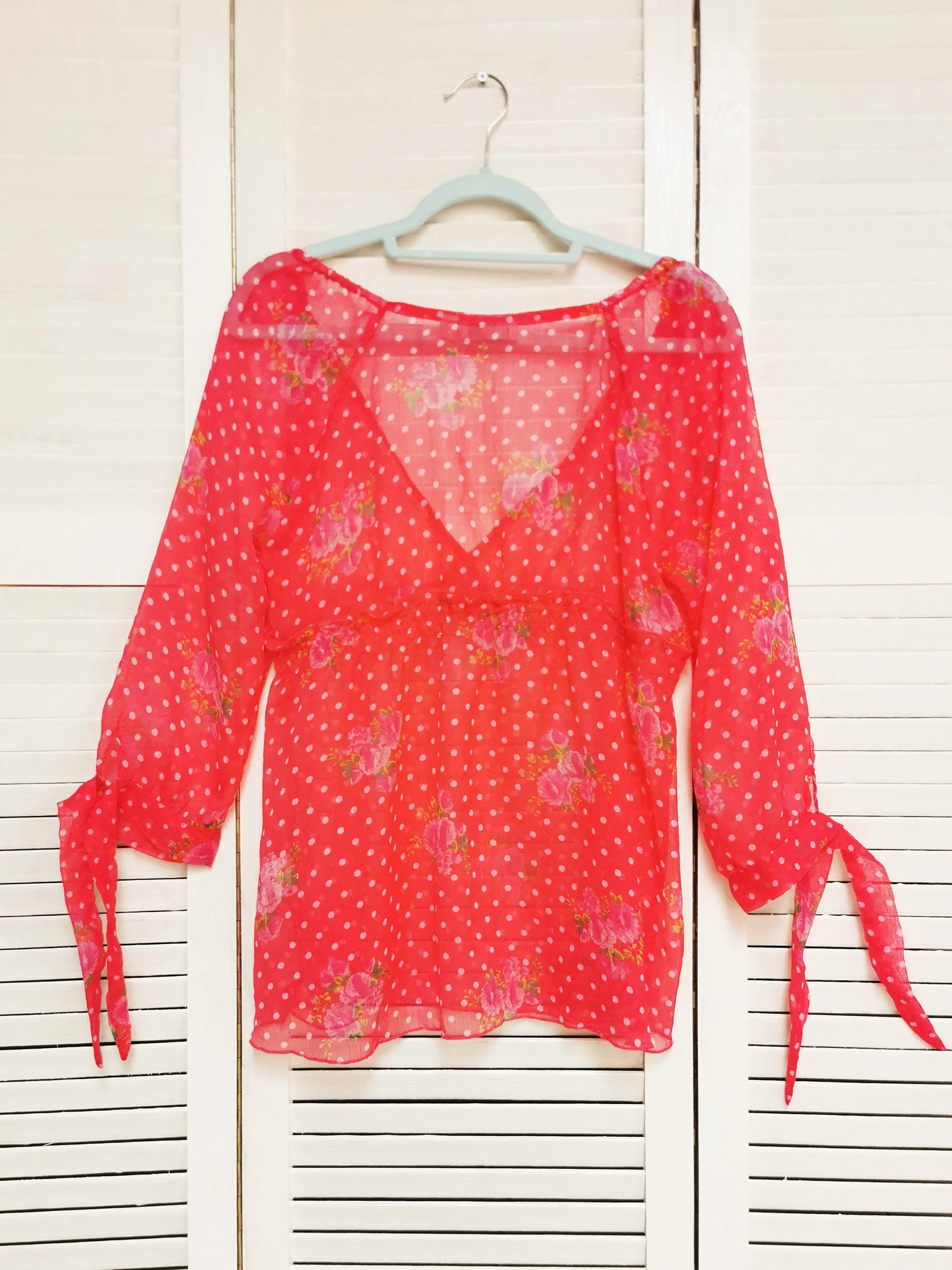 Vintage 90s pink polka dot & floral sheer tunic top