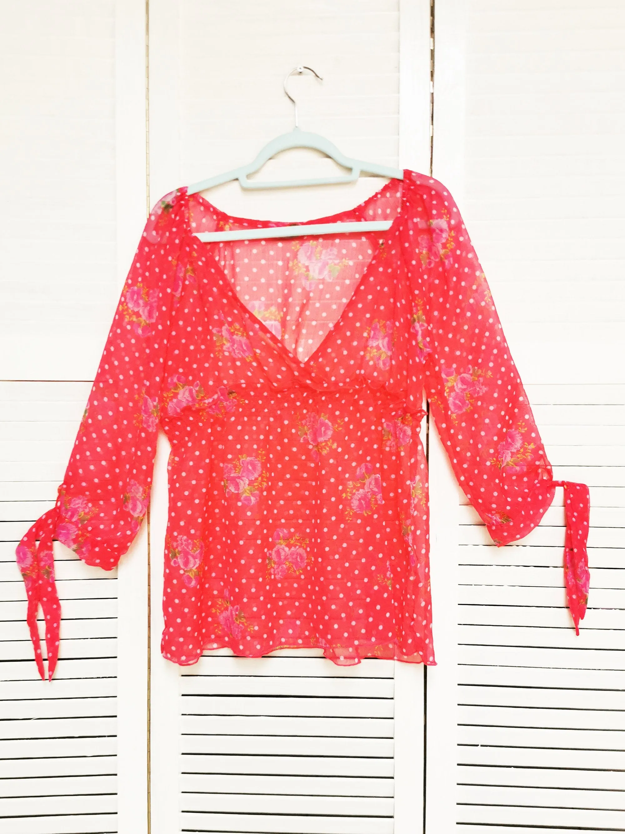 Vintage 90s pink polka dot & floral sheer tunic top