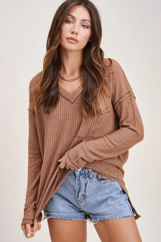 Waffle Raw Edge Pullover - mocha and teal