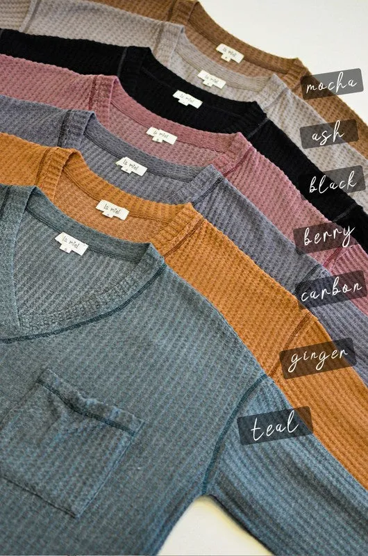 Waffle Raw Edge Pullover - mocha and teal