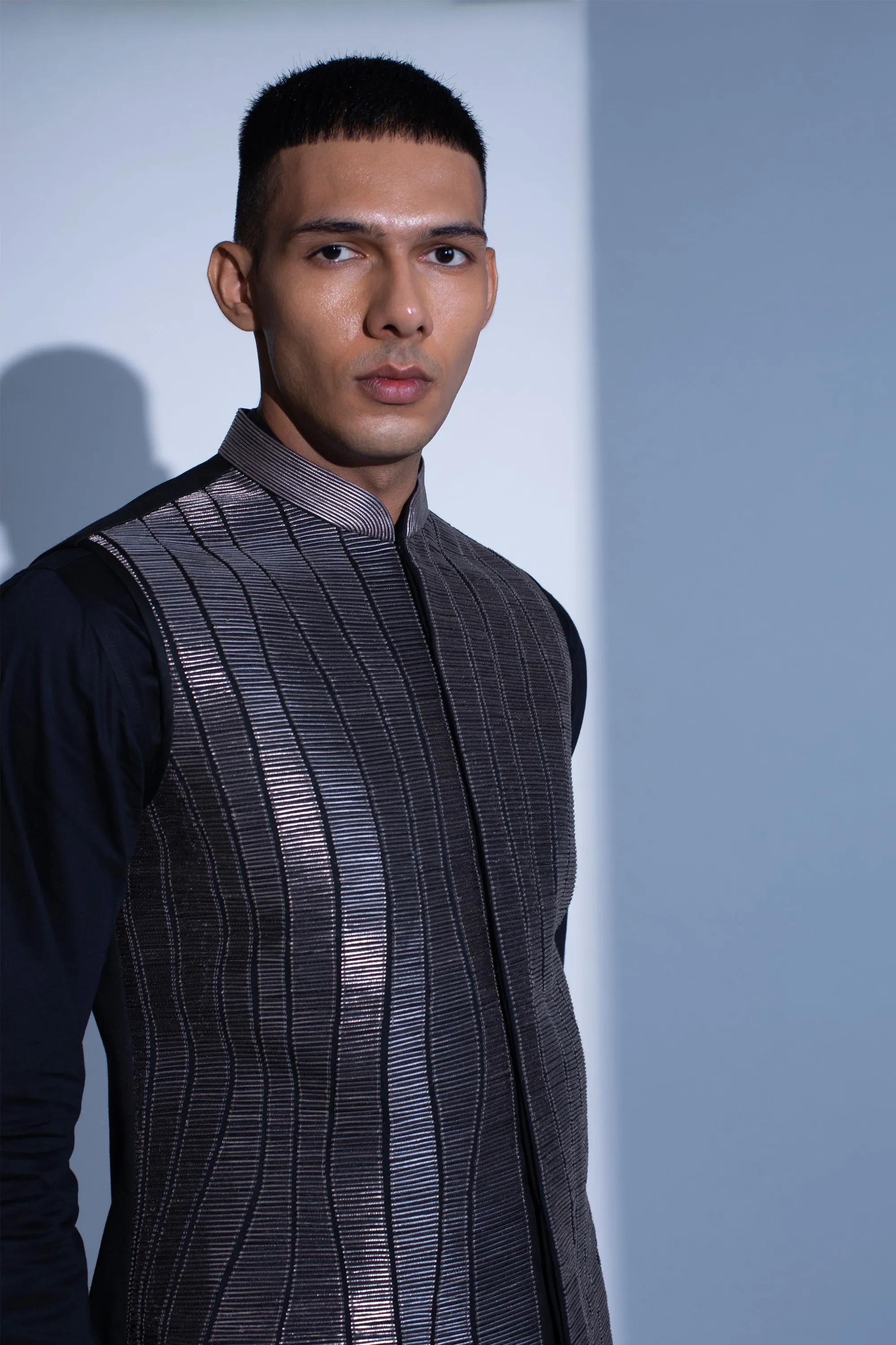 Wave Cord Corrugated Panel Nehru Jacket