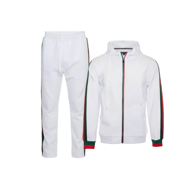 White Men's Jogging Set with Hoodies Red and Green Strip Luxury Style