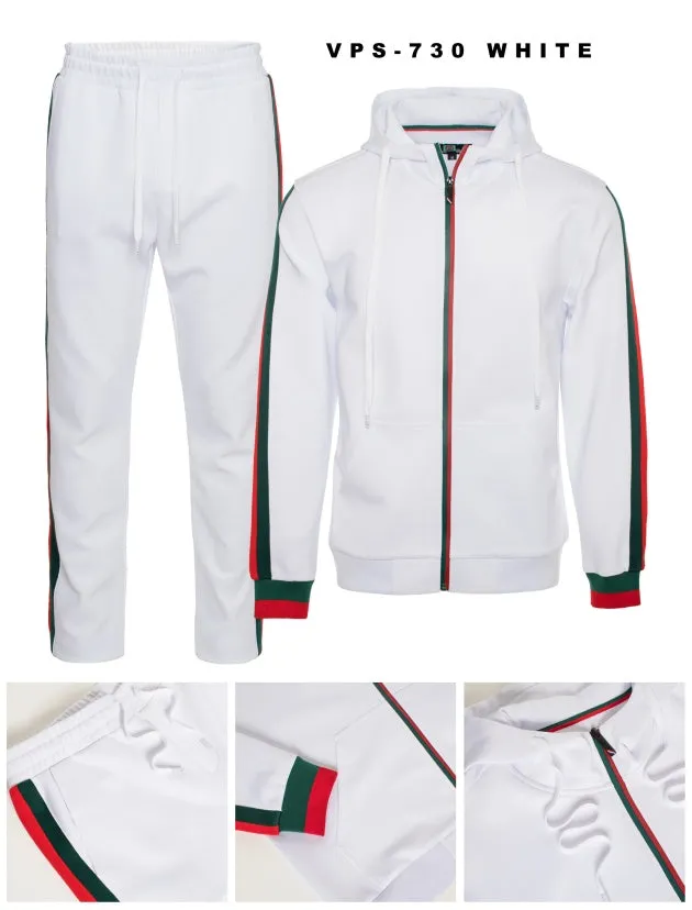 White Men's Jogging Set with Hoodies Red and Green Strip Luxury Style