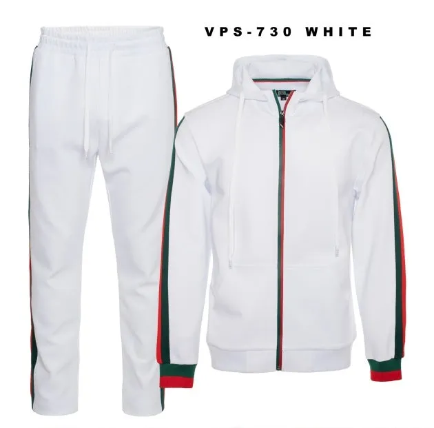 White Men's Jogging Set with Hoodies Red and Green Strip Luxury Style