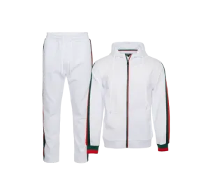 White Men's Jogging Set with Hoodies Red and Green Strip Luxury Style