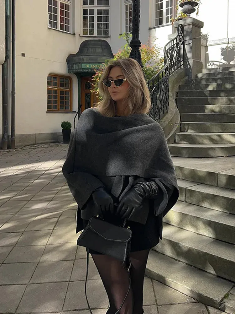 Women Chocolate Scarf Shawl Collar Short Wool Blends Coat Elegant Fashion Long Sleeve Casual Jacket 2025 Autumn Street Outerwear