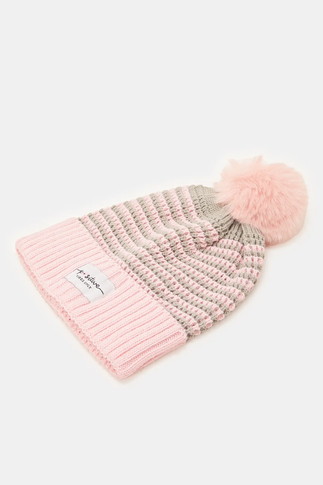 Women Pink And Grey Embellished Knitted Cap (Pack of 2)