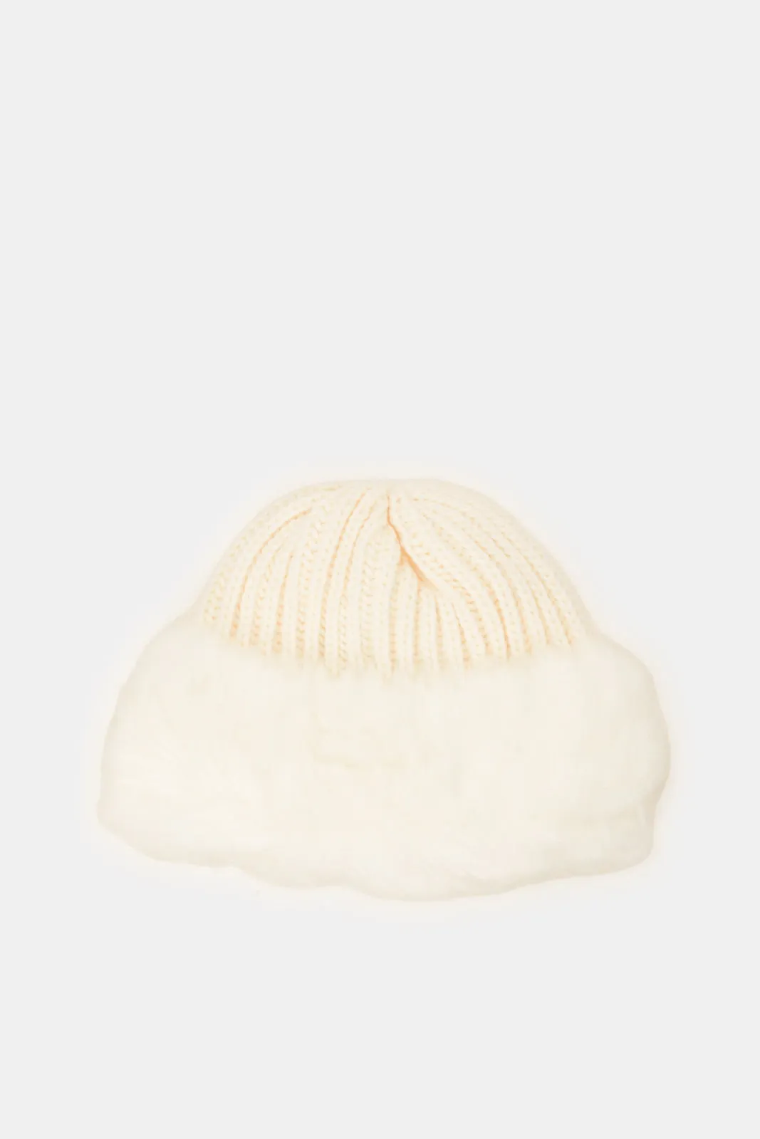 Women White Embellished Knitted Cap With Fur