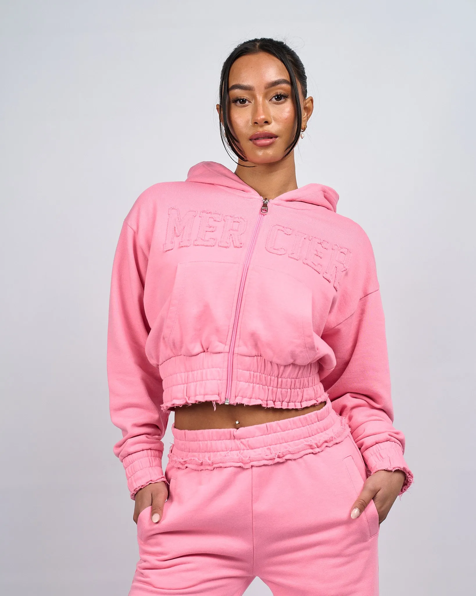 Womens Pink Distressed Cropped Hoodie