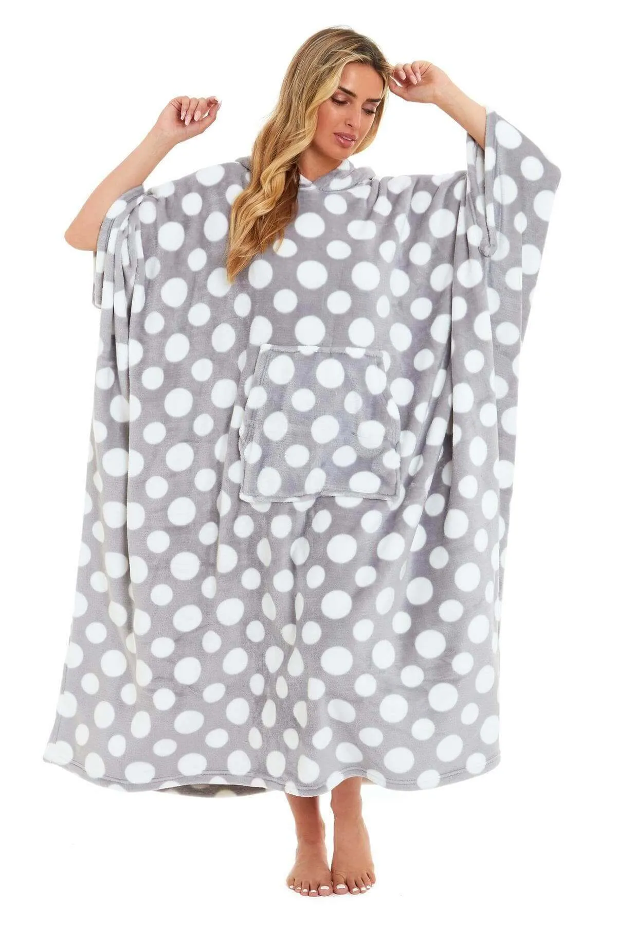 Women's Super Soft Oversized Hooded Poncho Blanket with Stars & Polka Dot Design for Indoor & Outdoor Use by Daisy Dreamer