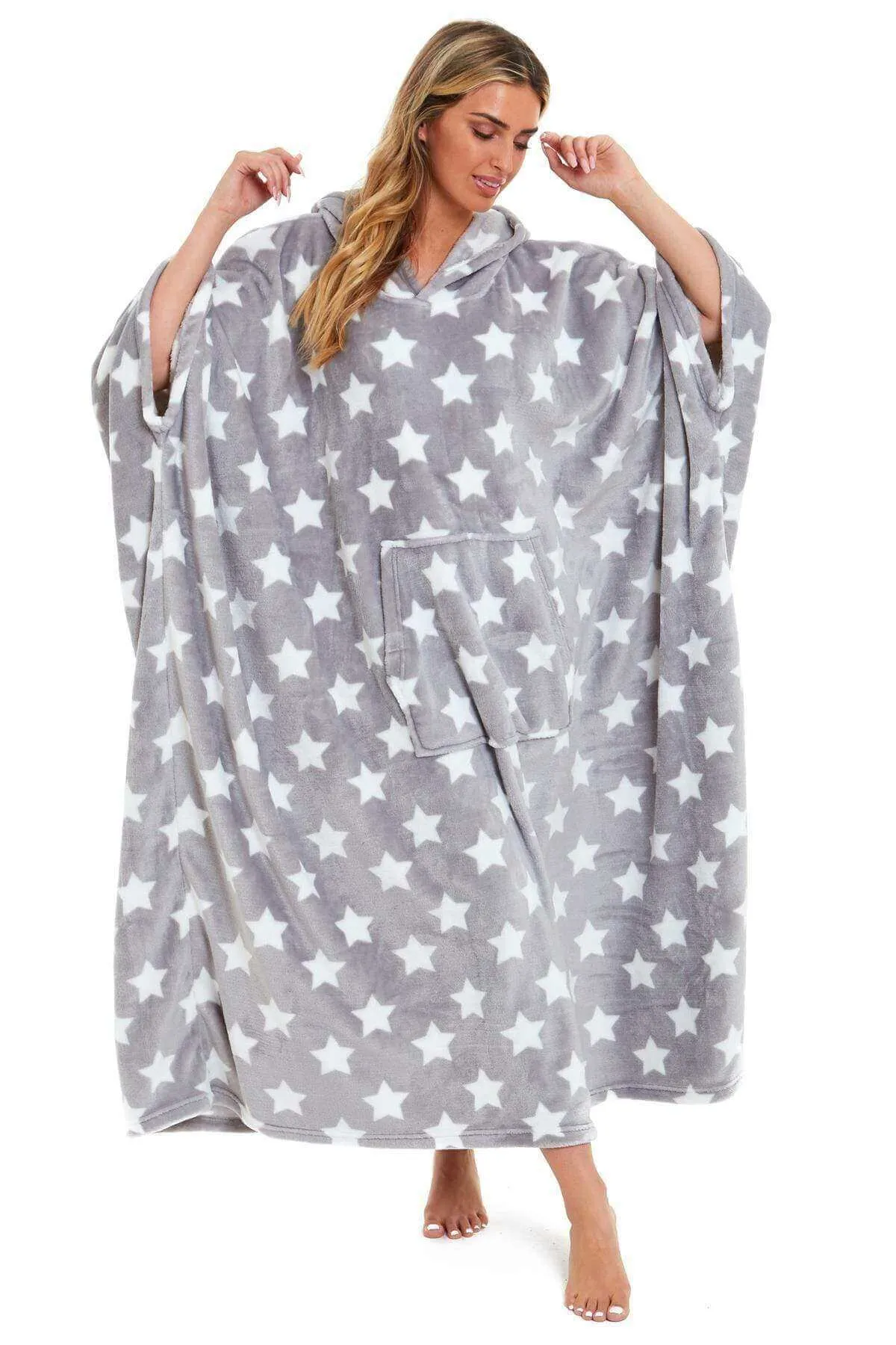 Women's Super Soft Oversized Hooded Poncho Blanket with Stars & Polka Dot Design for Indoor & Outdoor Use by Daisy Dreamer