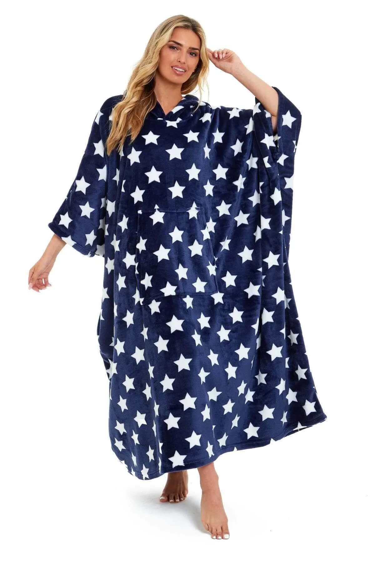 Women's Super Soft Oversized Hooded Poncho Blanket with Stars & Polka Dot Design for Indoor & Outdoor Use by Daisy Dreamer