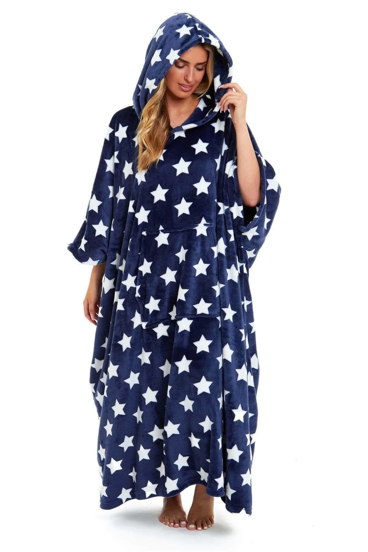 Women's Super Soft Oversized Hooded Poncho Blanket with Stars & Polka Dot Design for Indoor & Outdoor Use by Daisy Dreamer