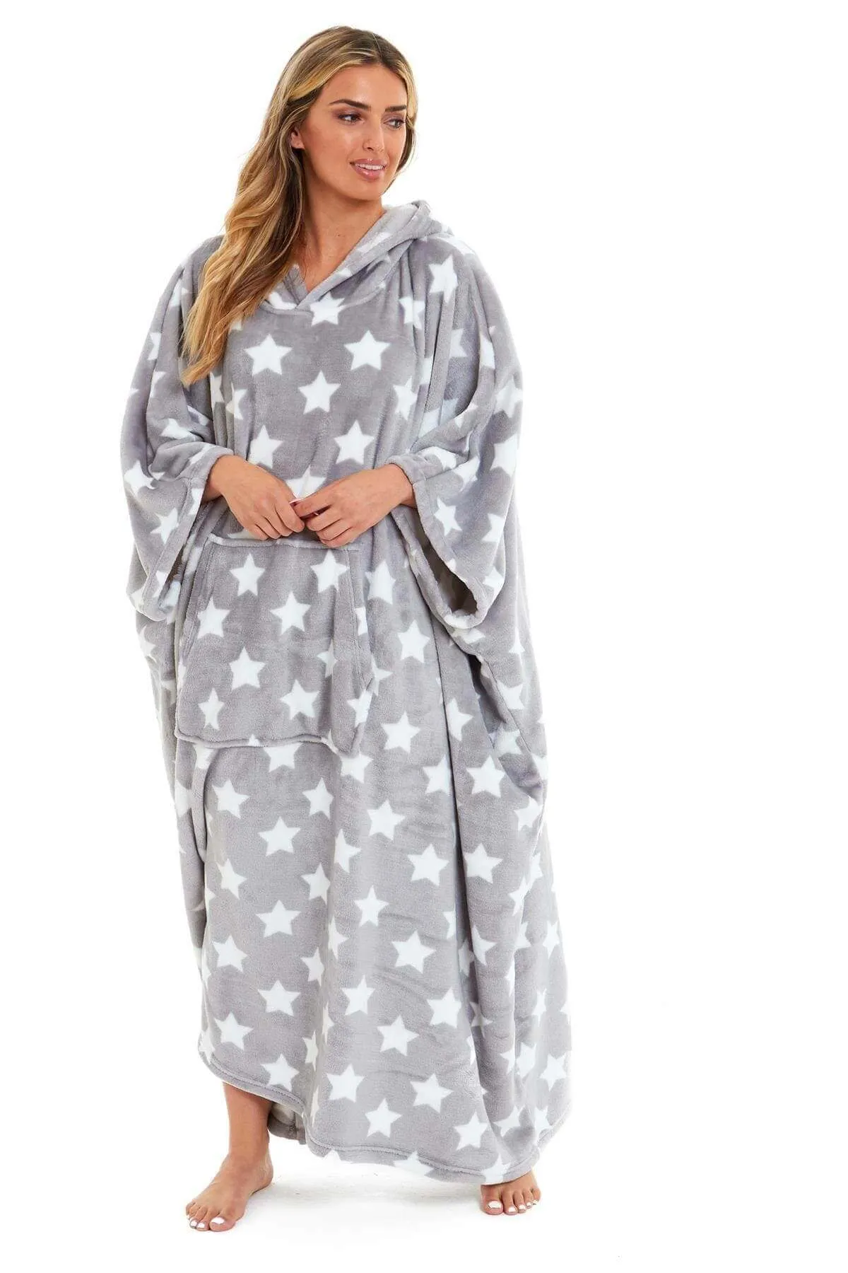 Women's Super Soft Oversized Hooded Poncho Blanket with Stars & Polka Dot Design for Indoor & Outdoor Use by Daisy Dreamer