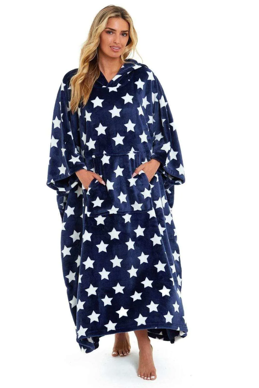 Women's Super Soft Oversized Hooded Poncho Blanket with Stars & Polka Dot Design for Indoor & Outdoor Use by Daisy Dreamer