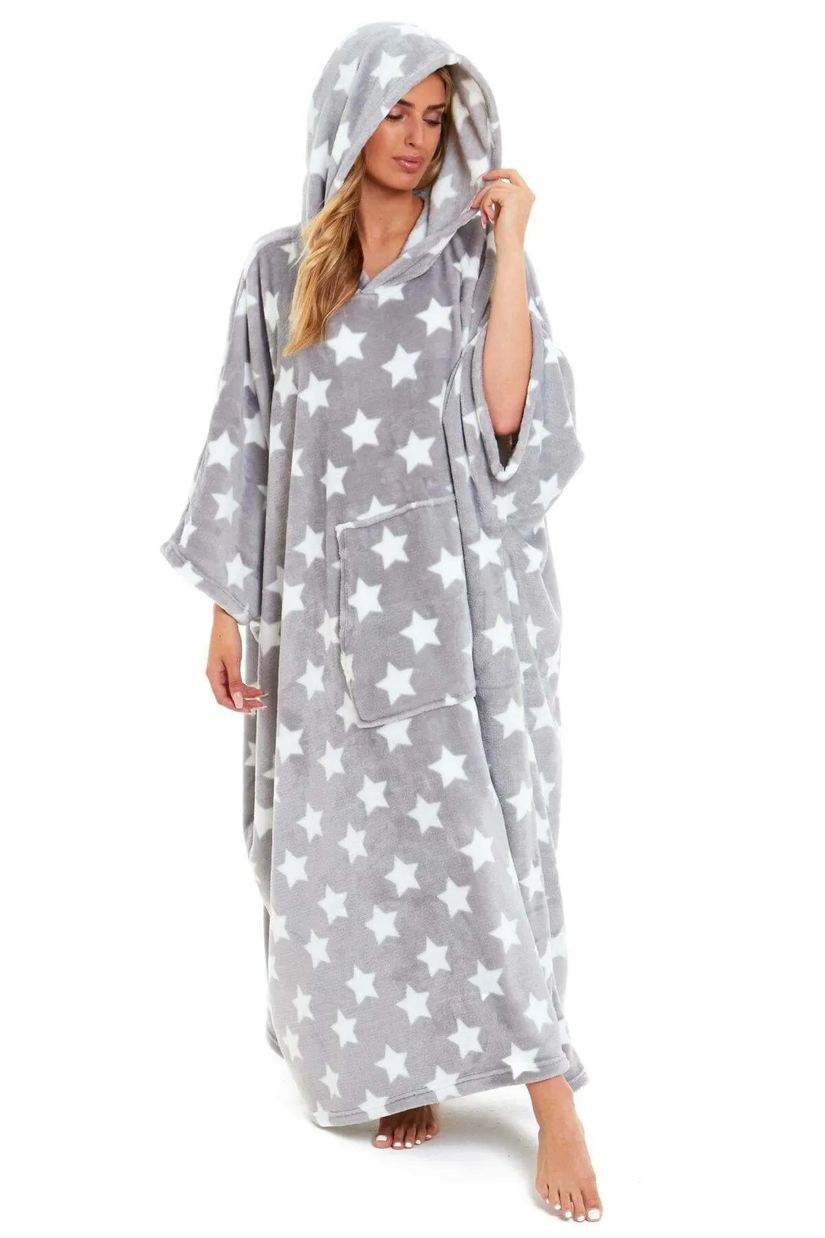 Women's Super Soft Oversized Hooded Poncho Blanket with Stars & Polka Dot Design for Indoor & Outdoor Use by Daisy Dreamer