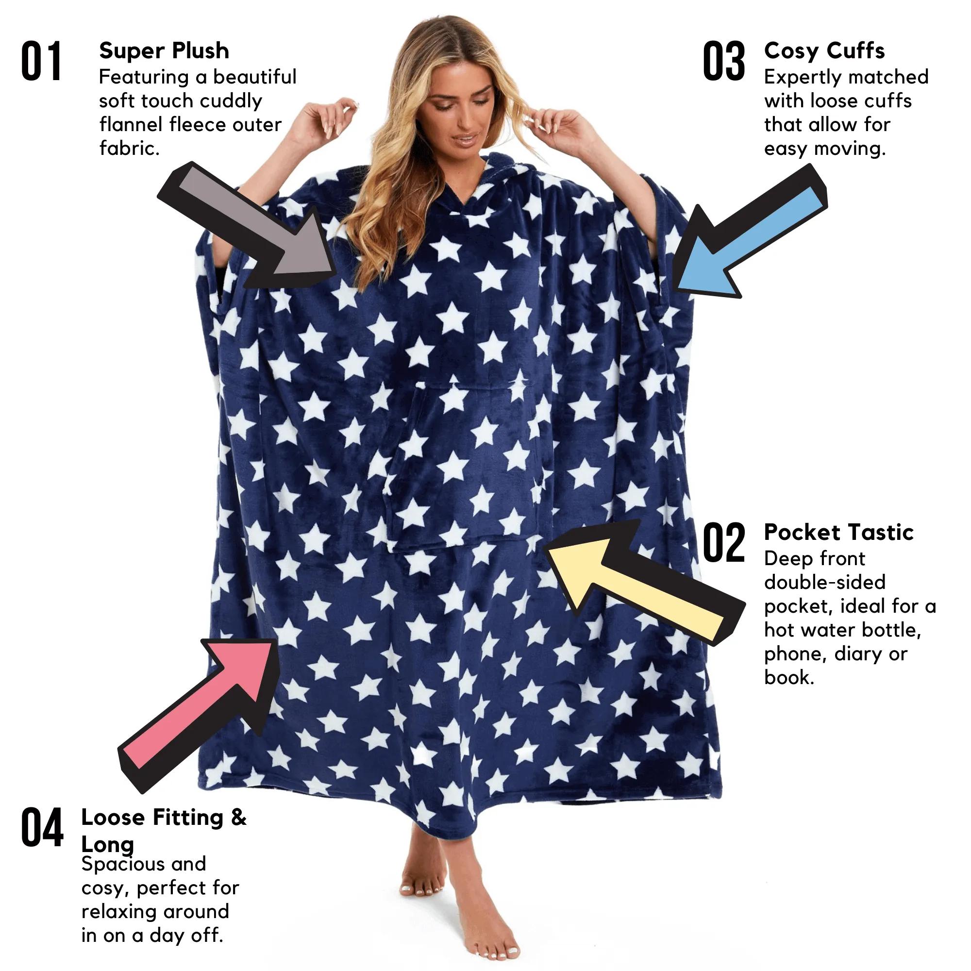 Women's Super Soft Oversized Hooded Poncho Blanket with Stars & Polka Dot Design for Indoor & Outdoor Use by Daisy Dreamer