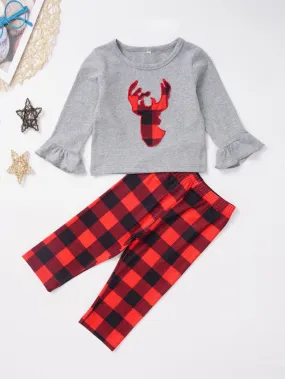 Xmas Baby Toddler Girl 2-Piece Set Deer Frilled T-shirt & Checked Pants