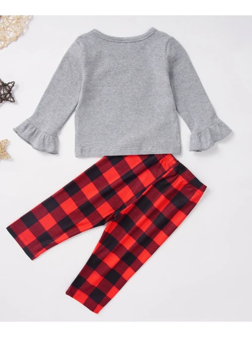 Xmas Baby Toddler Girl 2-Piece Set Deer Frilled T-shirt & Checked Pants