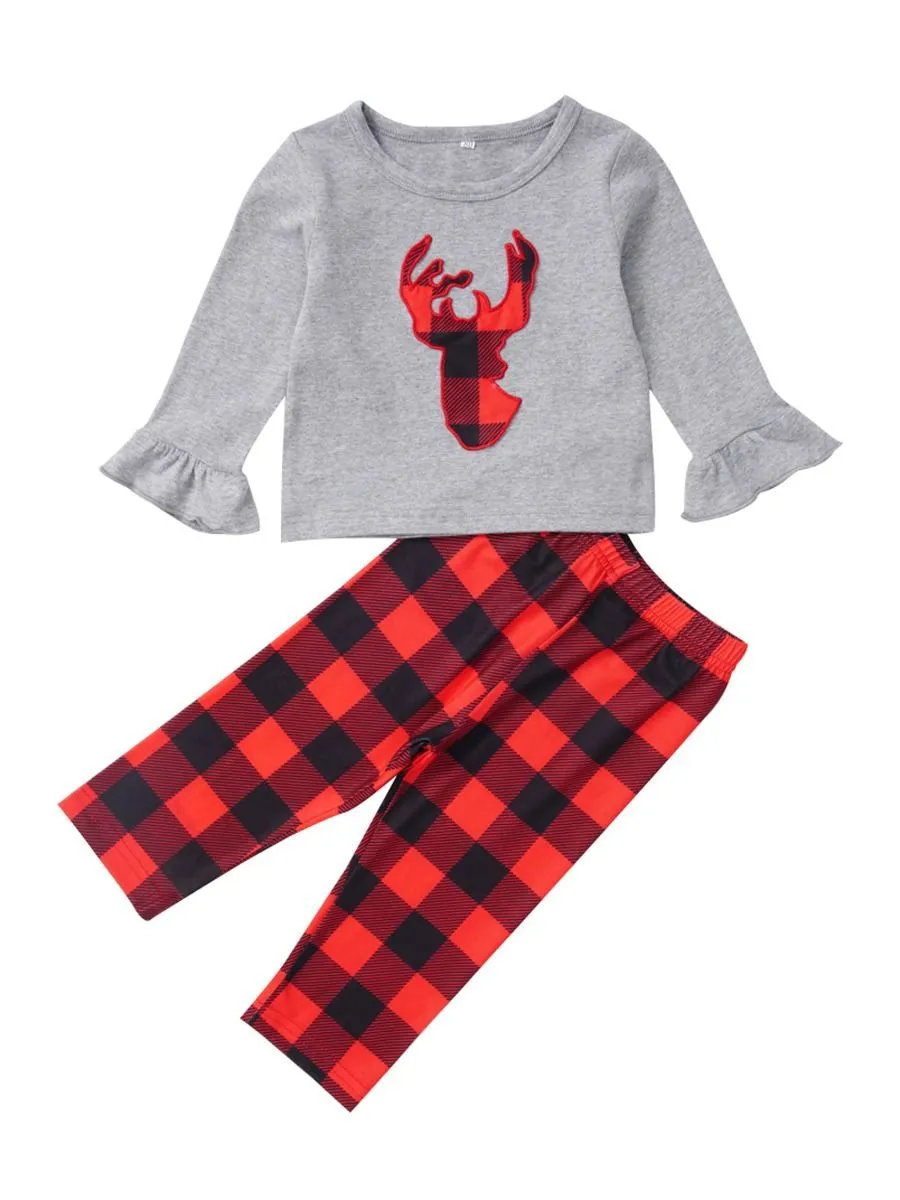 Xmas Baby Toddler Girl 2-Piece Set Deer Frilled T-shirt & Checked Pants