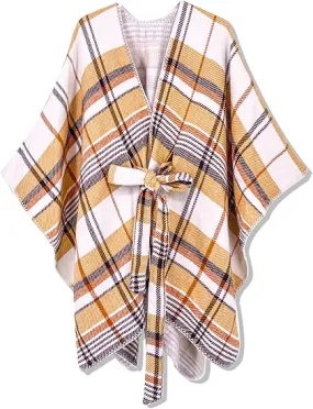 Yellow Winter Chic Plaid Poncho Cardigan