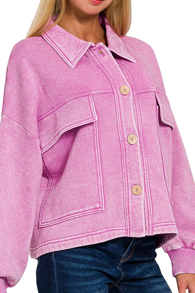 Zenana Embrace the Chill Mauve Acid Wash Cropped Shacket